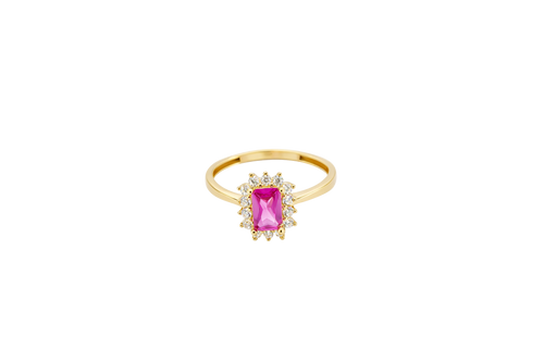 14KT Gold Ring Women's Flower Red Rectangle Center CZ Stone with White CZ Stone Petal Borders and Plain Band