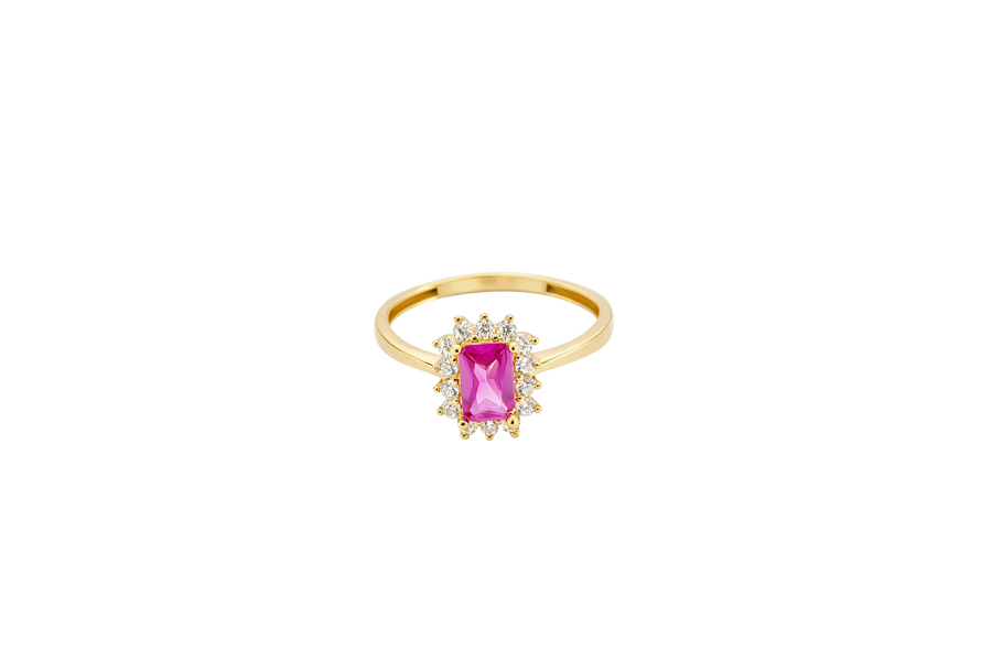 14KT Gold Ring Women's Flower Red Rectangle Center CZ Stone with White CZ Stone Petal Borders and Plain Band
