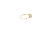 14KT Gold Ring Women's Flower Round Red Center Stone with White CZ Stone Petals Border Plain Band