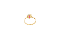 14KT Gold Ring Women's Flower Round Red Center Stone with White CZ Stone Petals Border Plain Band