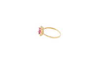 14KT Gold Ring Women's Flower Round Red Center Stone with White CZ Stone Petals Border Plain Band