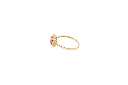 14KT Gold Ring Women's Flower Round Red Center Stone with White CZ Stone Petals Border Plain Band