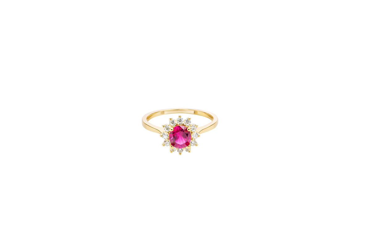 14KT Gold Ring Women's Flower Round Red Center Stone with White CZ Stone Petals Border Plain Band