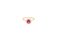 14KT Gold Ring Women's Flower Round Red Center Stone with White CZ Stone Petals Border Plain Band