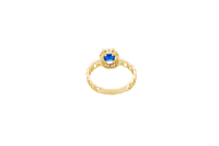 14KT Gold Ring Women's Round Royal Blue Center Stone with White CZ Stone Border and Chino Band