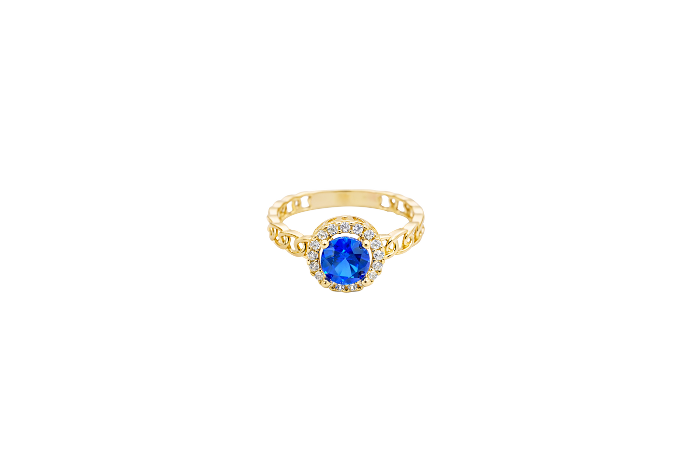 14KT Gold Ring Women's Round Royal Blue Center Stone with White CZ Stone Border and Chino Band