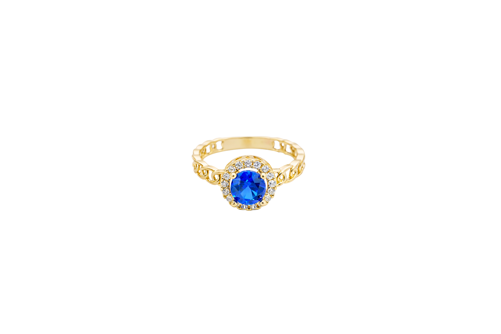 14KT Gold Ring Women's Round Royal Blue Center Stone with White CZ Stone Border and Chino Band