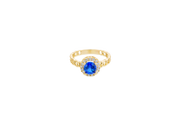 14KT Gold Ring Women's Round Royal Blue Center Stone with White CZ Stone Border and Chino Band