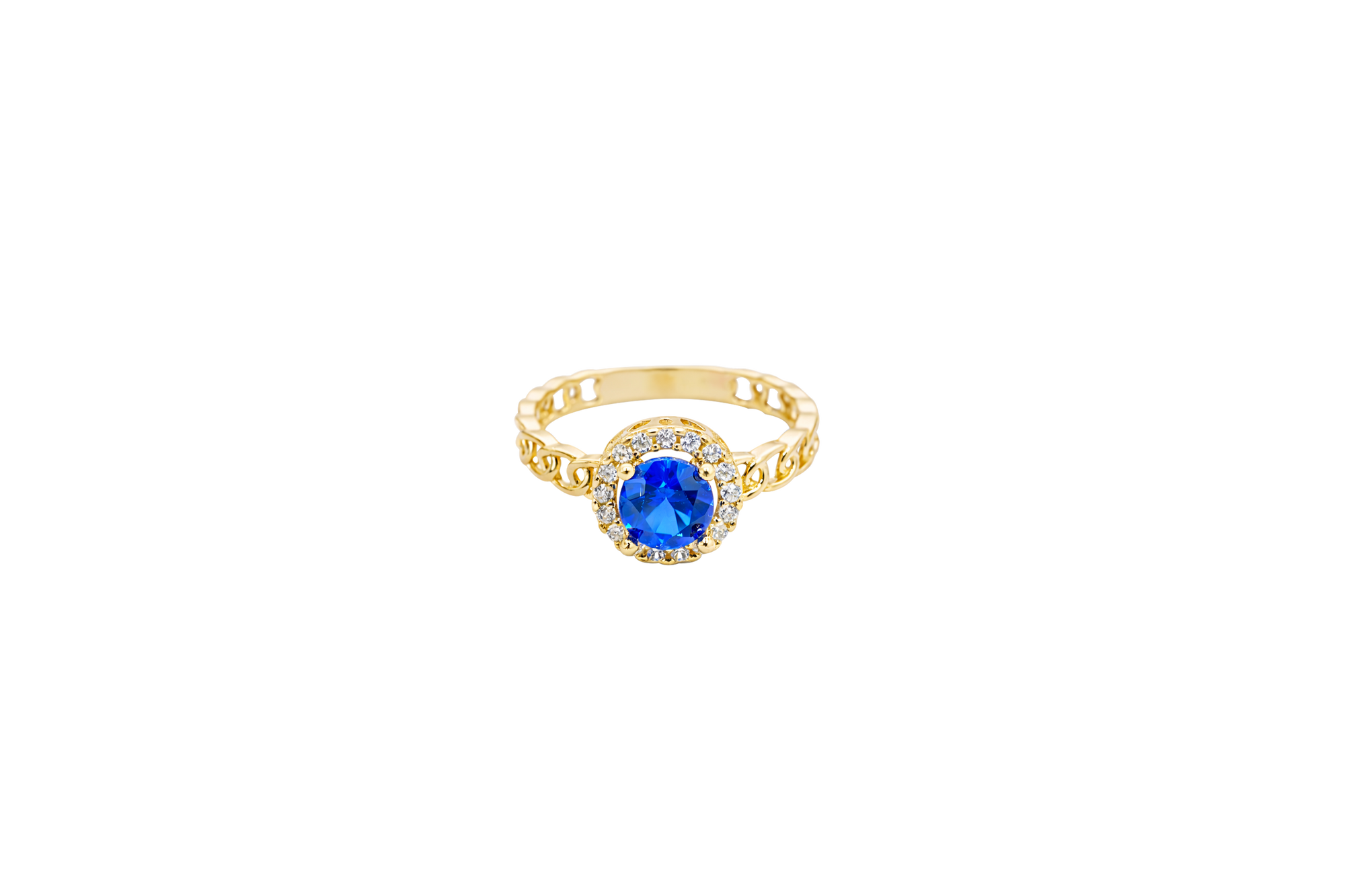 14KT Gold Ring Women's Round Royal Blue Center Stone with White CZ Stone Border and Chino Band