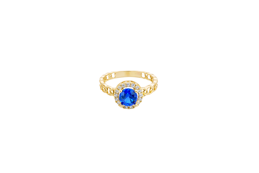 14KT Gold Ring Women's Round Royal Blue Center Stone with White CZ Stone Border and Chino Band