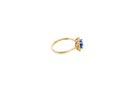 14KT Gold Ring Women's Flower Round Royal Blue Center Stone with White CZ Stone Petals Border Plain Band
