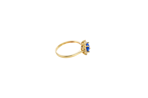 14KT Gold Ring Women's Flower Round Royal Blue Center Stone with White CZ Stone Petals Border Plain Band