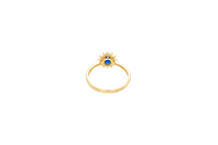 14KT Gold Ring Women's Flower Round Royal Blue Center Stone with White CZ Stone Petals Border Plain Band