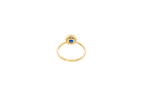 14KT Gold Ring Women's Flower Round Royal Blue Center Stone with White CZ Stone Petals Border Plain Band