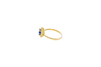 14KT Gold Ring Women's Flower Round Royal Blue Center Stone with White CZ Stone Petals Border Plain Band