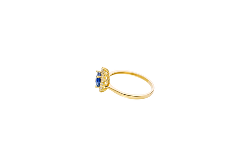 14KT Gold Ring Women's Flower Round Royal Blue Center Stone with White CZ Stone Petals Border Plain Band