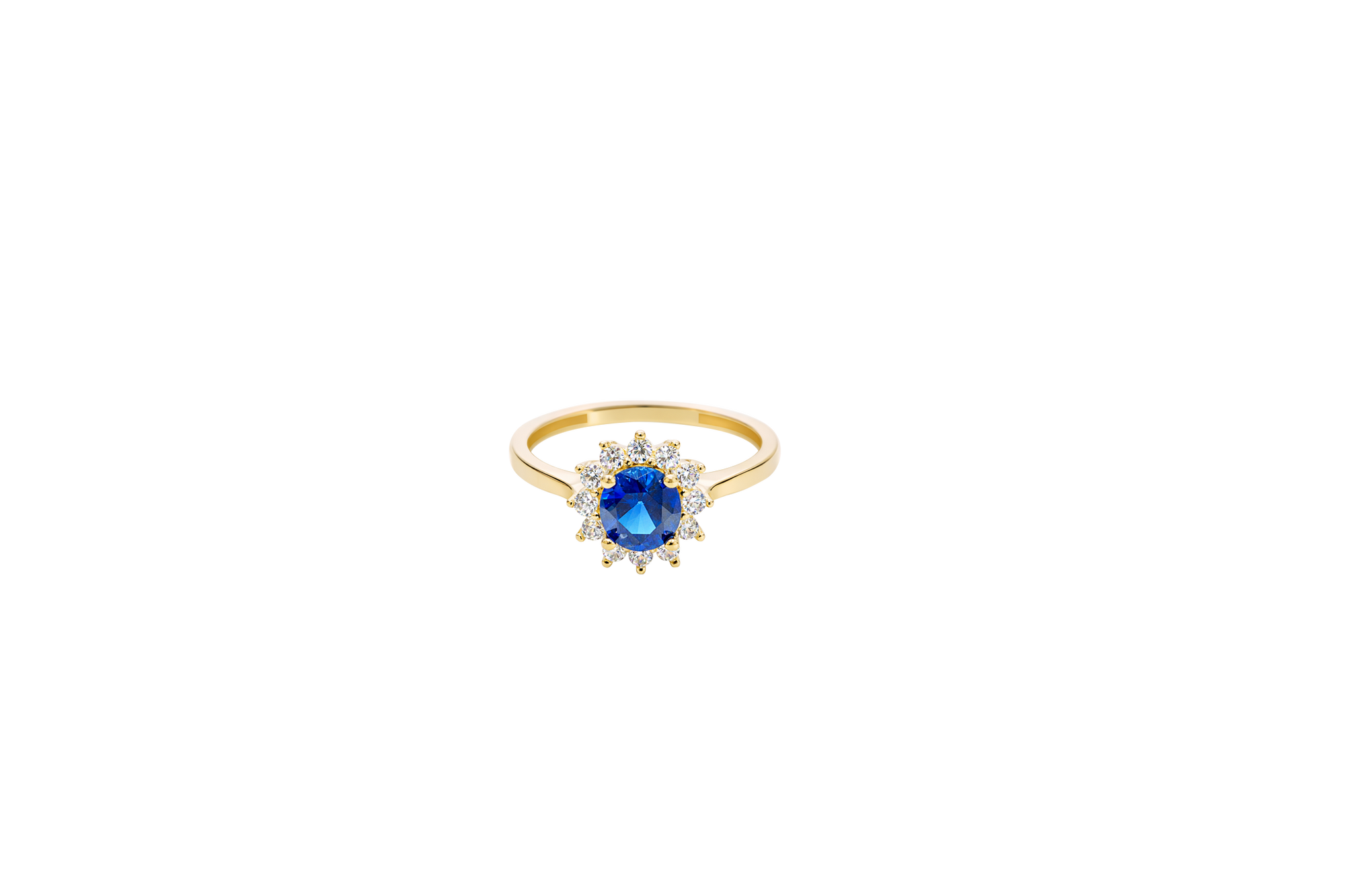 14KT Gold Ring Women's Flower Round Royal Blue Center Stone with White CZ Stone Petals Border Plain Band