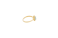 14KT Gold Ring Women's Flower Oval Turquoise Center Stone with White CZ Stone Petals Border Plain Band