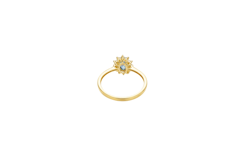 14KT Gold Ring Women's Flower Oval Turquoise Center Stone with White CZ Stone Petals Border Plain Band