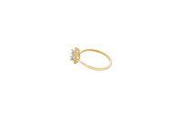 14KT Gold Ring Women's Flower Oval Turquoise Center Stone with White CZ Stone Petals Border Plain Band