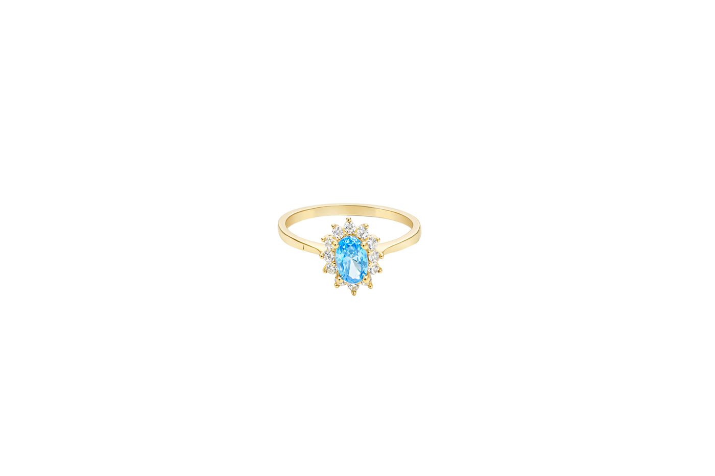 14KT Gold Ring Women's Flower Oval Turquoise Center Stone with White CZ Stone Petals Border Plain Band