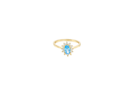 14KT Gold Ring Women's Flower Oval Turquoise Center Stone with White CZ Stone Petals Border Plain Band