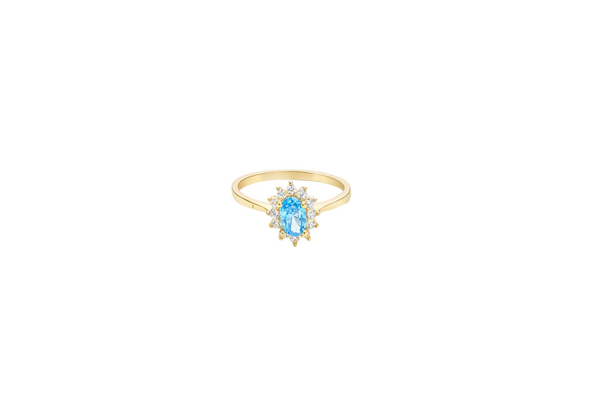 14KT Gold Ring Women's Flower Oval Turquoise Center Stone with White CZ Stone Petals Border Plain Band