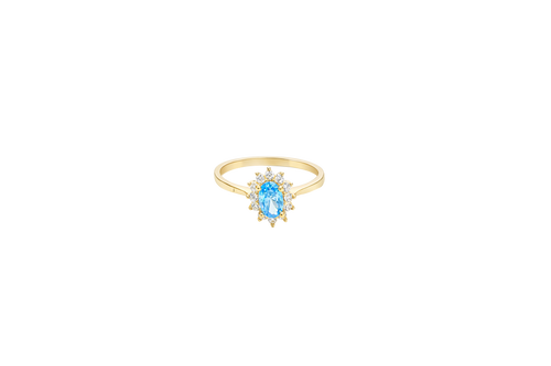 14KT Gold Ring Women's Flower Oval Turquoise Center Stone with White CZ Stone Petals Border Plain Band