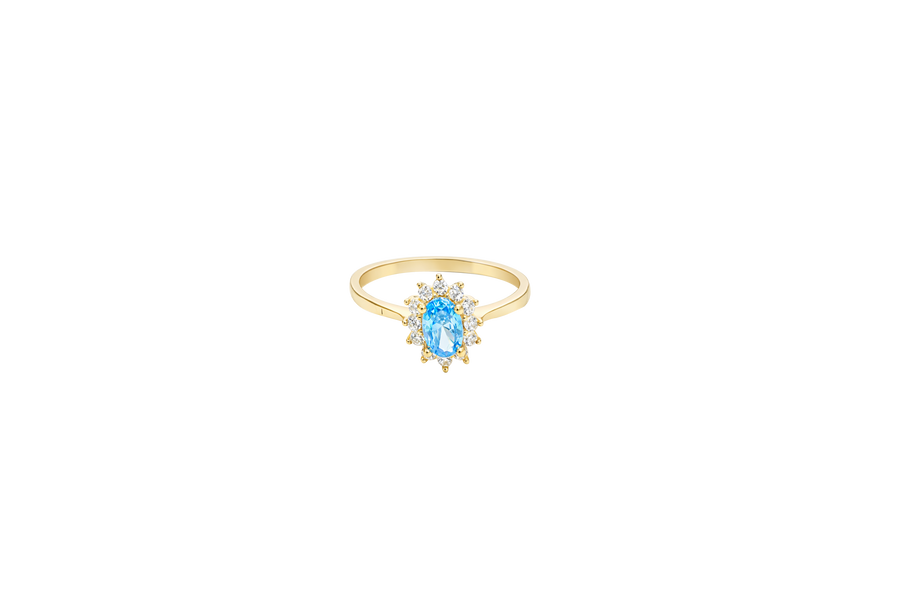 14KT Gold Ring Women's Flower Oval Turquoise Center Stone with White CZ Stone Petals Border Plain Band