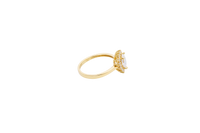 14KT Gold Ring Women's Flower Heart White Center Stone with White CZ Stone Petal Border Plain Band