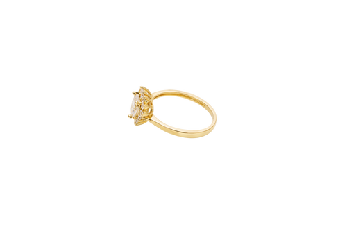 14KT Gold Ring Women's Flower Heart White Center Stone with White CZ Stone Petal Border Plain Band