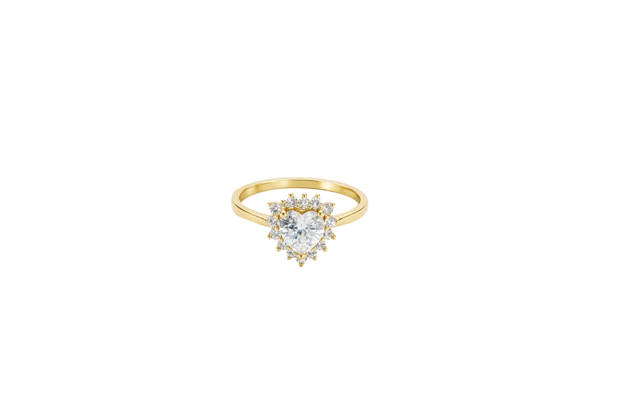 14KT Gold Ring Women's Flower Heart White Center Stone with White CZ Stone Petal Border Plain Band