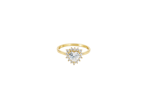 14KT Gold Ring Women's Flower Heart White Center Stone with White CZ Stone Petal Border Plain Band