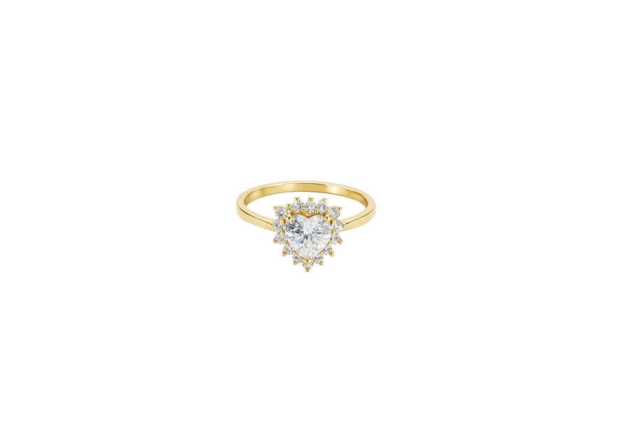 14KT Gold Ring Women's Flower Heart White Center Stone with White CZ Stone Petal Border Plain Band