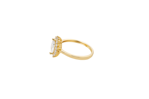 14KT Gold Ring Women's Flower Marquise White Center with White CZ Stone Petals Border Plain Band