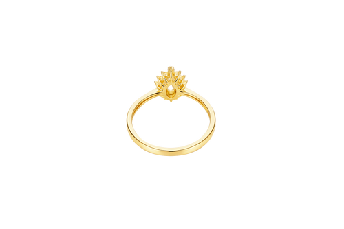 14KT Gold Ring Women's Flower Marquise White Center with White CZ Stone Petals Border Plain Band