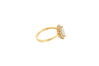 14KT Gold Ring Women's Flower Marquise White Center with White CZ Stone Petals Border Plain Band