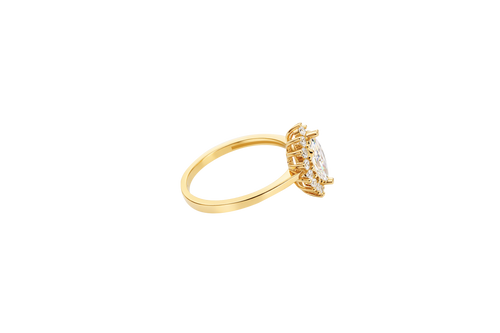 14KT Gold Ring Women's Flower Marquise White Center with White CZ Stone Petals Border Plain Band