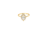 14KT Gold Ring Women's Flower Marquise White Center with White CZ Stone Petals Border Plain Band
