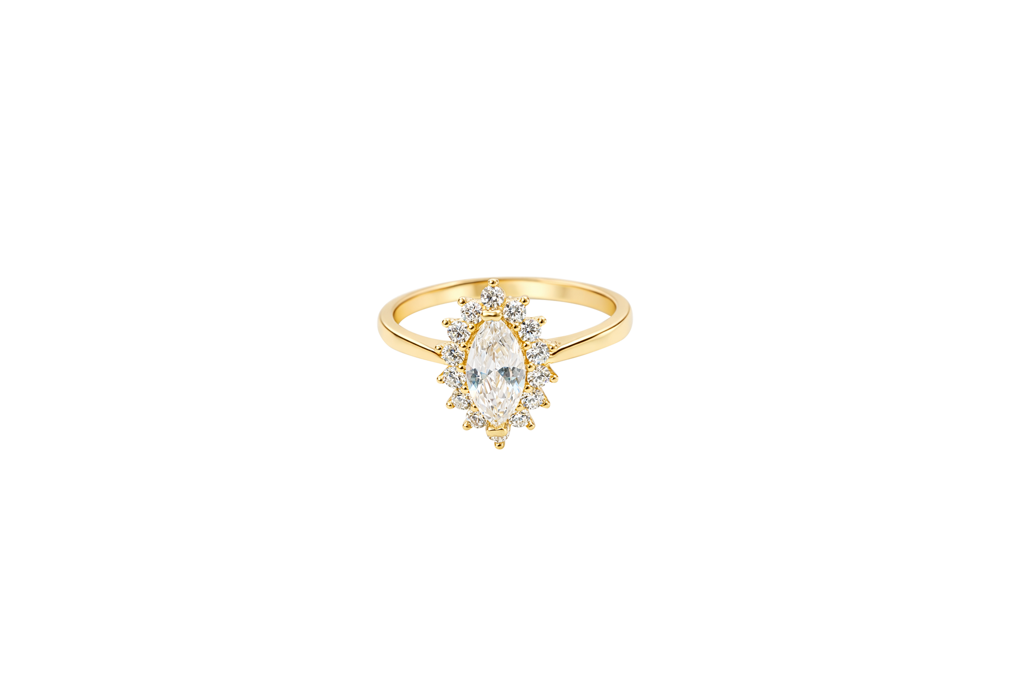 14KT Gold Ring Women's Flower Marquise White Center with White CZ Stone Petals Border Plain Band