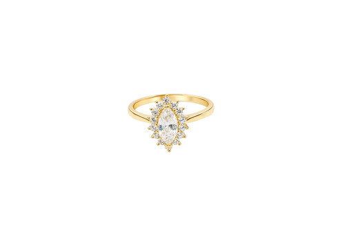 14KT Gold Ring Women's Flower Marquise White Center with White CZ Stone Petals Border Plain Band