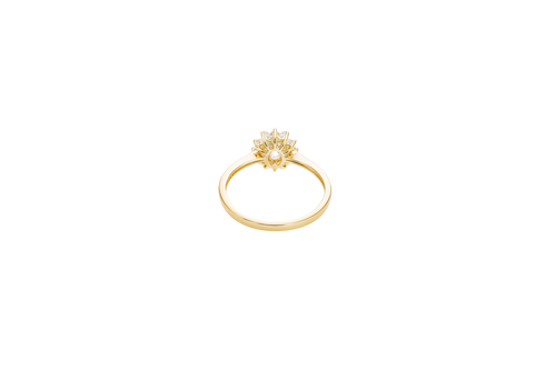 14KT Gold Ring Women's Flower Oval White Center Stone with White CZ Stone Petals Border Plain Band