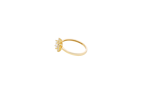14KT Gold Ring Women's Flower Oval White Center Stone with White CZ Stone Petals Border Plain Band