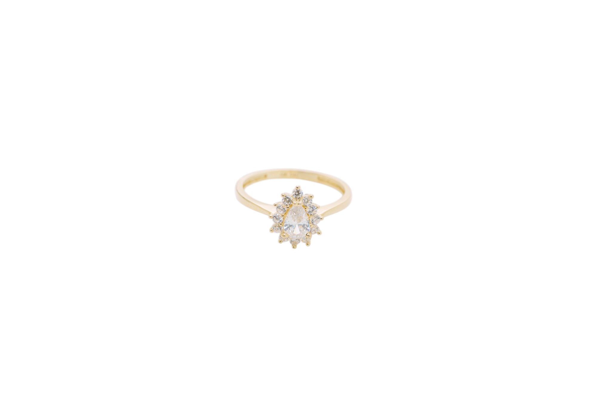 14KT Women's Gold Ring Flower Pear White Center Stone with White CZ Stone Petals Border Plain Band (check for duplicate)