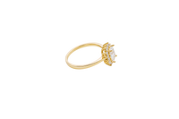 14KT Gold Ring Women's Flower White Rectangle Center CZ Stone with White CZ Stone Petal Borders and Plain Band