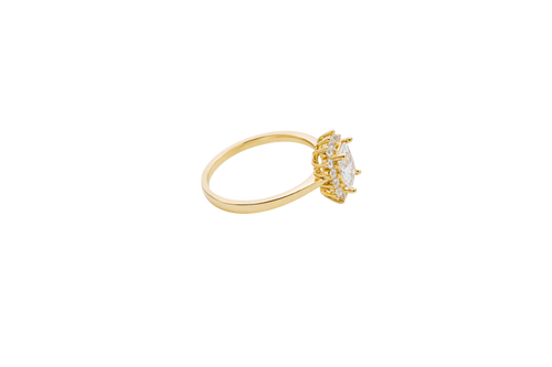 14KT Gold Ring Women's Flower White Rectangle Center CZ Stone with White CZ Stone Petal Borders and Plain Band