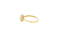 14KT Gold Ring Women's Flower White Rectangle Center CZ Stone with White CZ Stone Petal Borders and Plain Band
