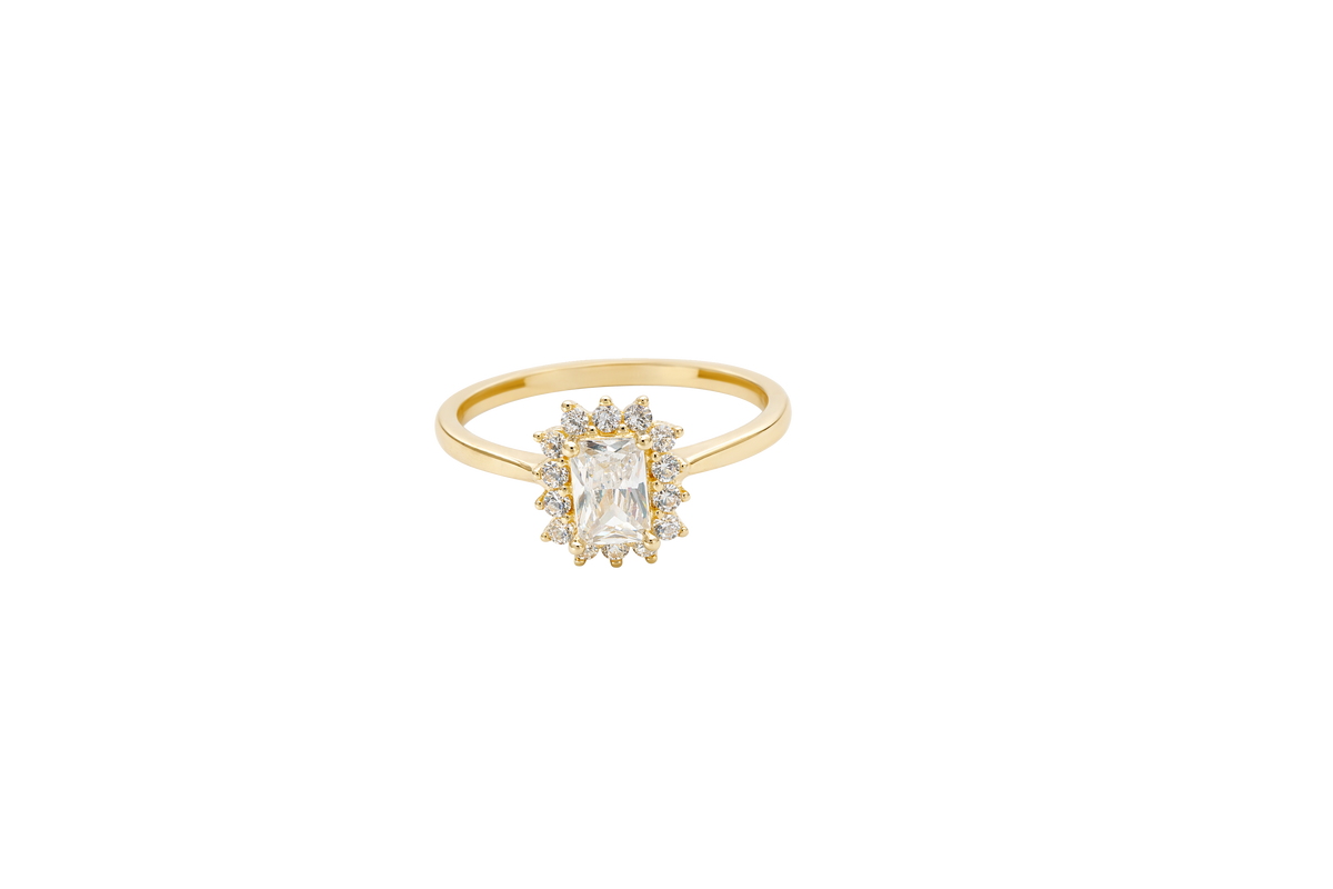 14KT Gold Ring Women's Flower White Rectangle Center CZ Stone with White CZ Stone Petal Borders and Plain Band