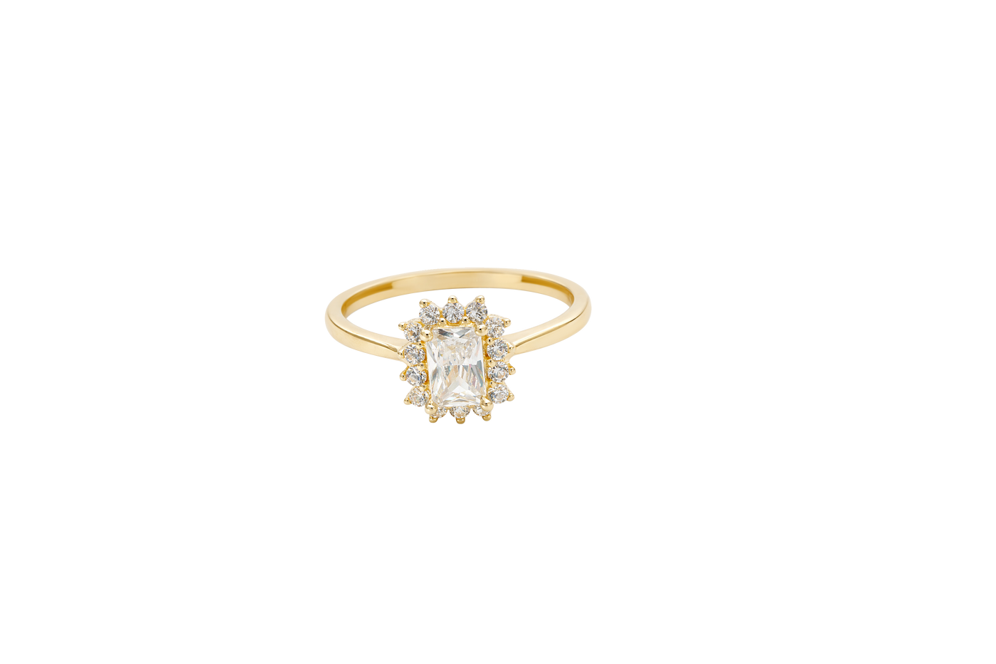 14KT Gold Ring Women's Flower White Rectangle Center CZ Stone with White CZ Stone Petal Borders and Plain Band