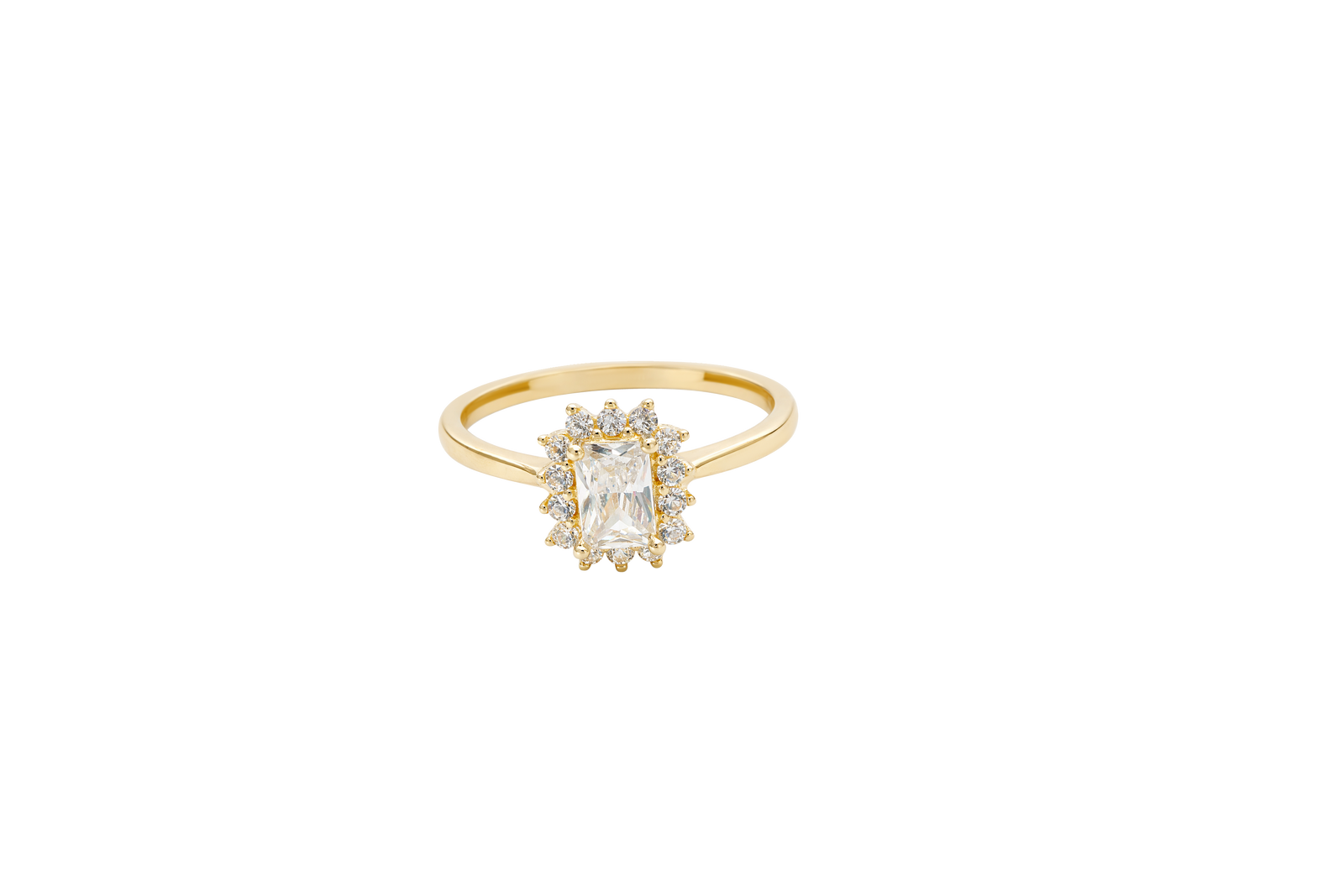 14KT Gold Ring Women's Flower White Rectangle Center CZ Stone with White CZ Stone Petal Borders and Plain Band